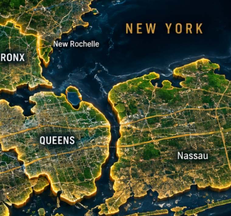 Satellite map of New York showing the Bronx, Queens and Nassau County on Long Island